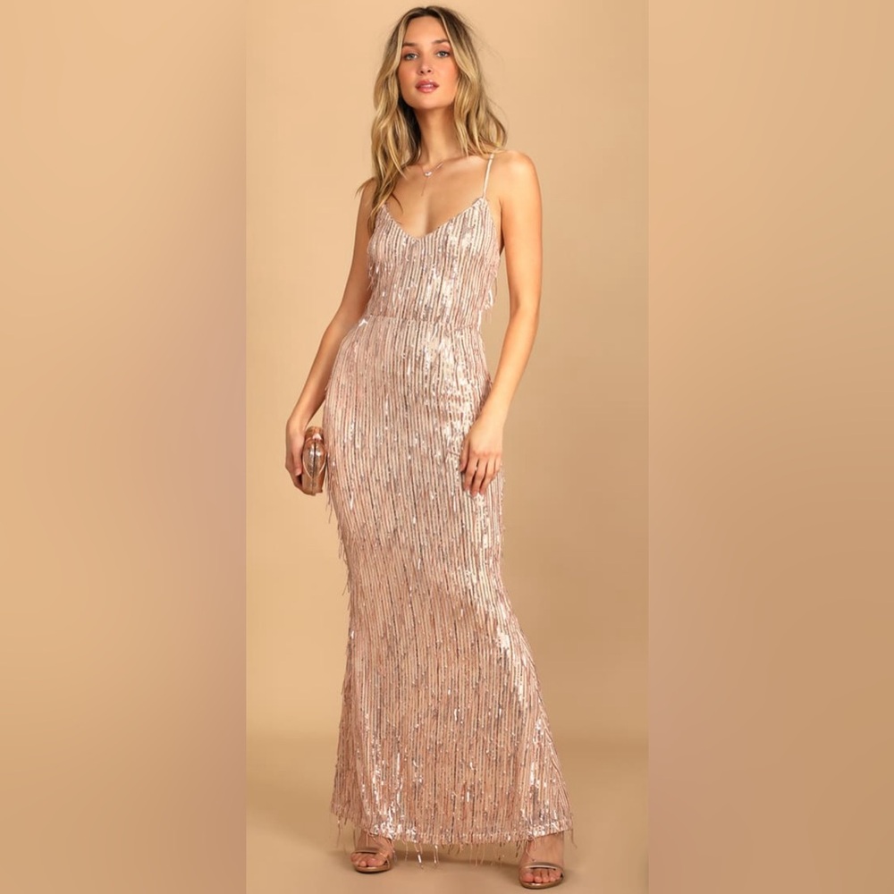 Lulus Endless Festivities Rose Gold Sequin Fringe Lace-Up Maxi Dress
